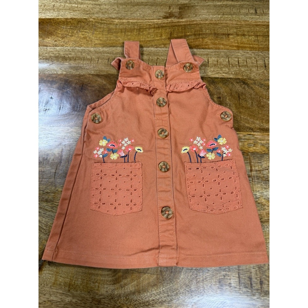 Toddler Girls 2T Coral Pinafore Dress Embroidered Floral Button Front Cute